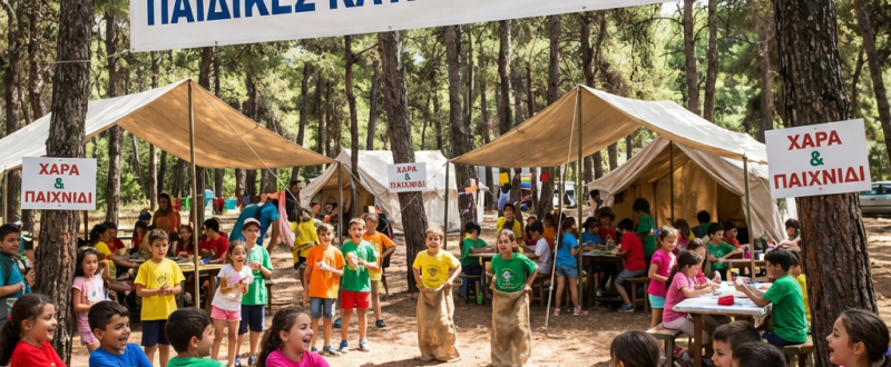 ΔΗΜΟΣ ΑΘΗΝΑΙΩΝ ΠΑΙΔΙΚΕΣ ΚΑΤΑΣΚΗΝΩΣΕΙΣ banner above children playing tug-of-war and sack races. Signs: ΧΑΡΑ & ΠΑΙΧΝΙΔΙ.