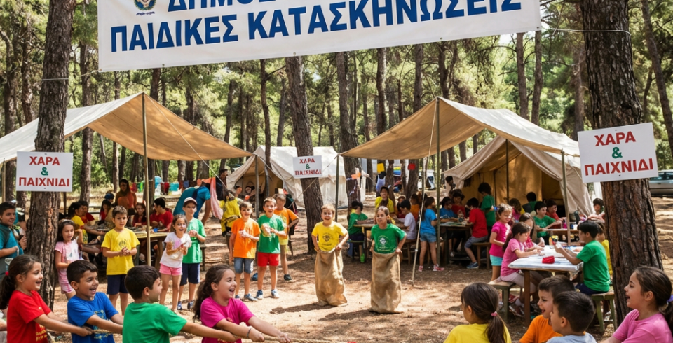 ΔΗΜΟΣ ΑΘΗΝΑΙΩΝ ΠΑΙΔΙΚΕΣ ΚΑΤΑΣΚΗΝΩΣΕΙΣ banner above children playing tug-of-war and sack races. Signs: ΧΑΡΑ & ΠΑΙΧΝΙΔΙ.