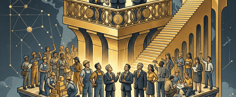 Hierarchical depiction of societies beneath oligarchs elevated on a platform