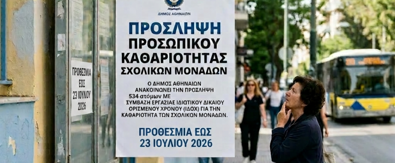 Recruitment poster for school cleaning staff in Athens posted outside a school