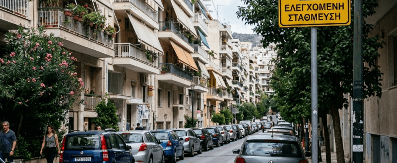 Street view with parked cars and a yellow parking control sign in Greek