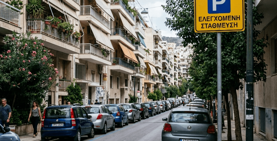 Street view with parked cars and a yellow parking control sign in Greek