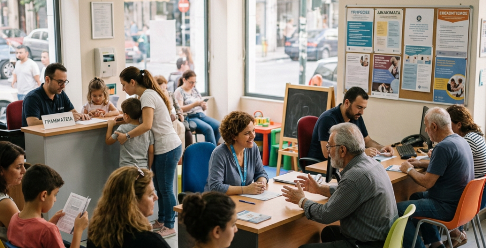 Community center with people consulting staff and waiting in chairs