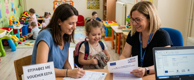 Child with stuffed animal completing preschool enrollment paperwork with two adults